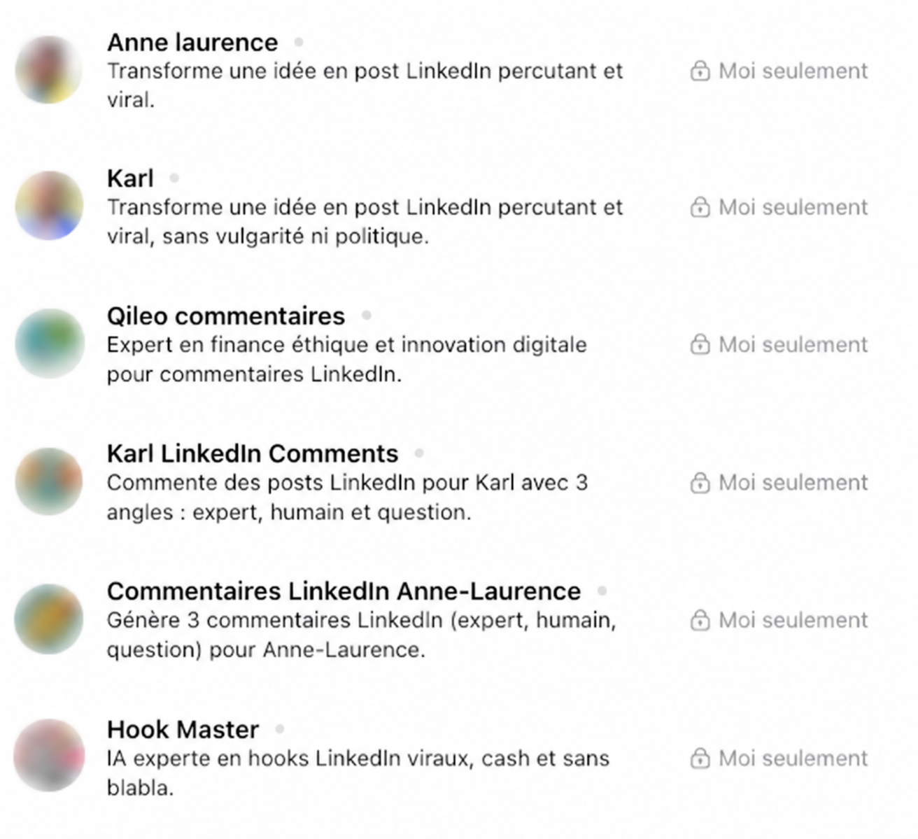 Liste des assistants GPT conçus : rédaction de posts LinkedIn pour chaque dirigeant, commentaires LinkedIn et création d’accroches