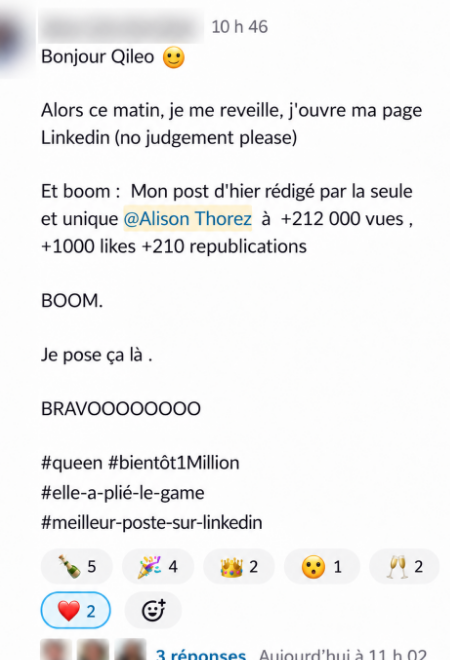 Message annonçant un post rédigé par Alison à +212 000 vues, +1 000 likes et +210 republications
