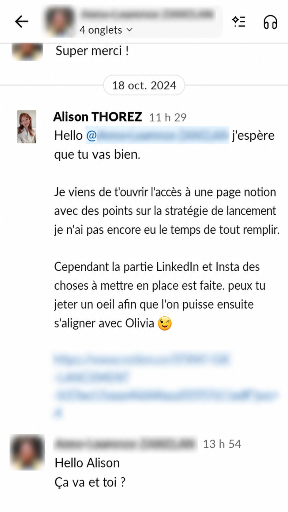 Conversation LinkedIn d’Alison annonçant l’ouverture d’une page Notion dédiée à la stratégie de lancement, avec les parties LinkedIn et Instagram déjà renseignées