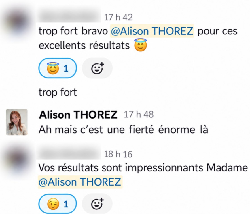 Messages de félicitations : « trop fort bravo @Alison THOREZ pour ces excellents résultats » et « Vos résultats sont impressionnants Madame @Alison THOREZ »
