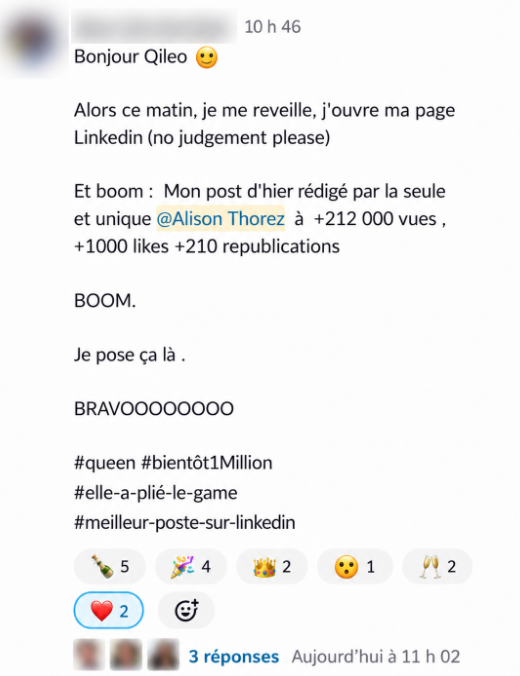 Message anonymisé de la dirigeante attribuant la rédaction d'un post à plus de 212 000 vues à Alison