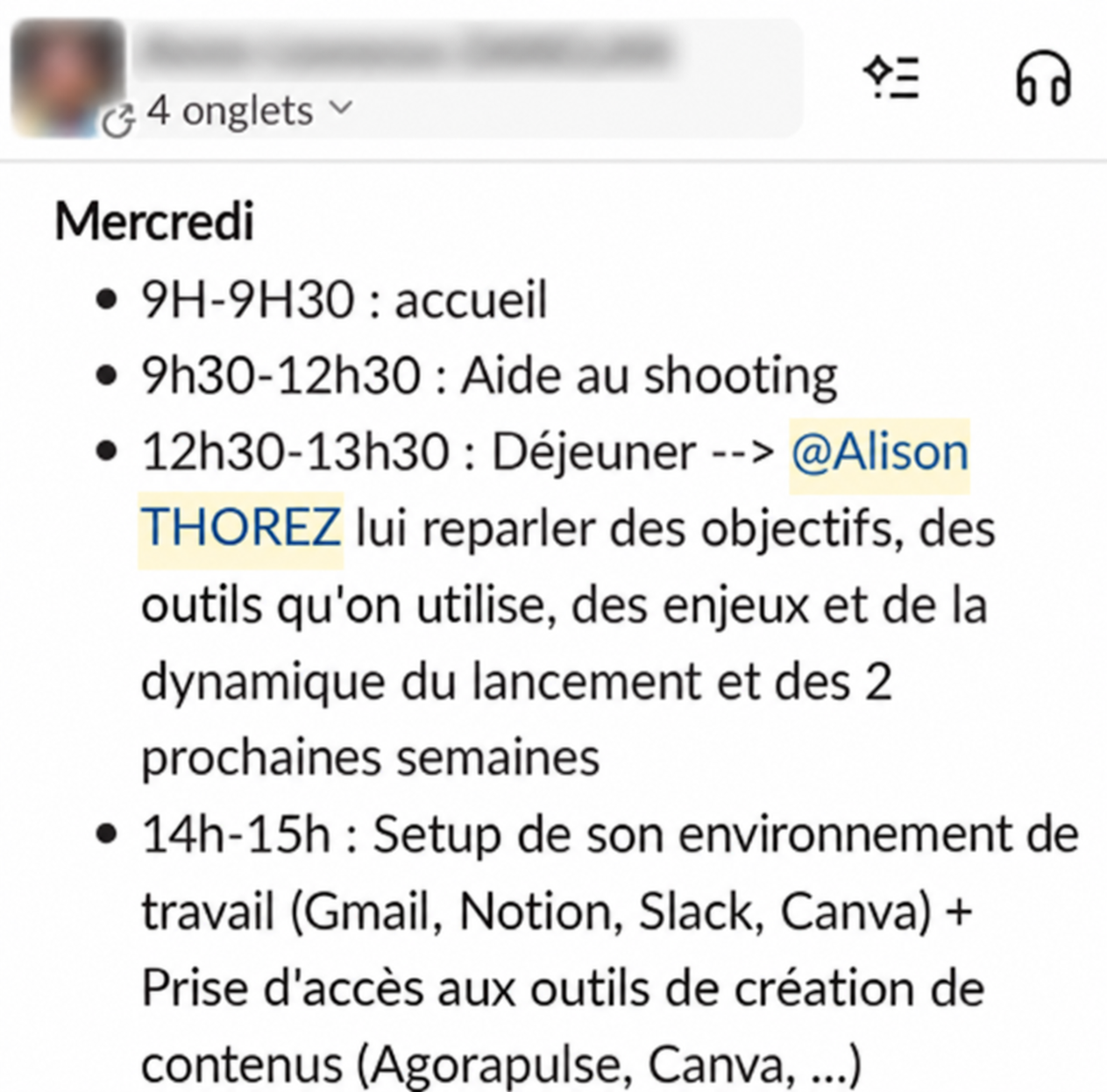 Planning d’onboarding d’un nouveau membre de l’équipe, anonymisé : temps d’échange sur les objectifs, les outils et la dynamique de lancement, puis mise en place de l’environnement de travail et des accès de création de contenus