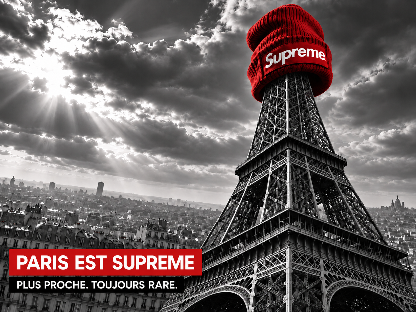 Visuel « Paris en rouge sous les nuages » : la tour Eiffel coiffée d'un bonnet rouge Supreme sous un ciel nuageux