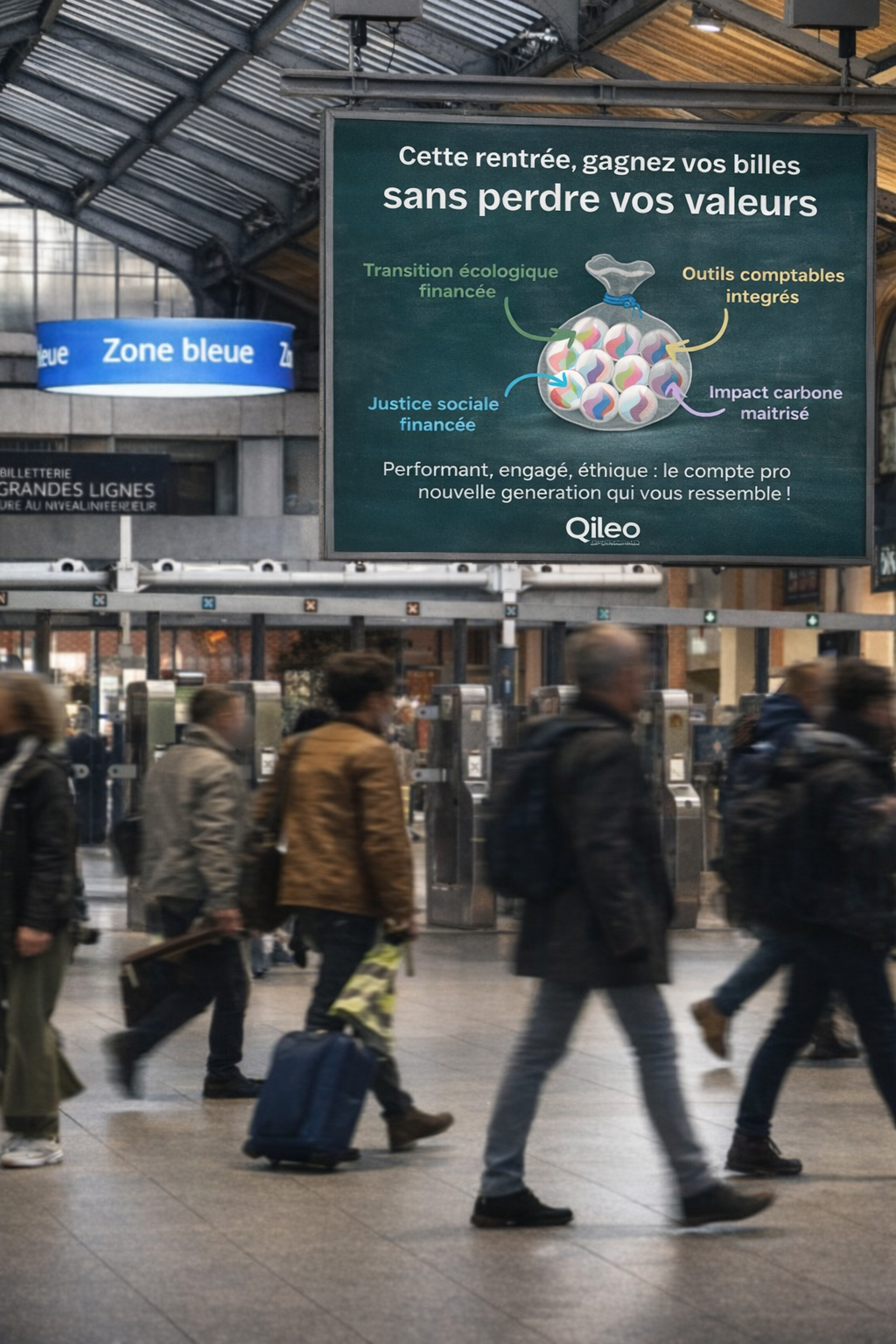 Mockup du concept de campagne Qileo dans une gare, autour du jeu de billes