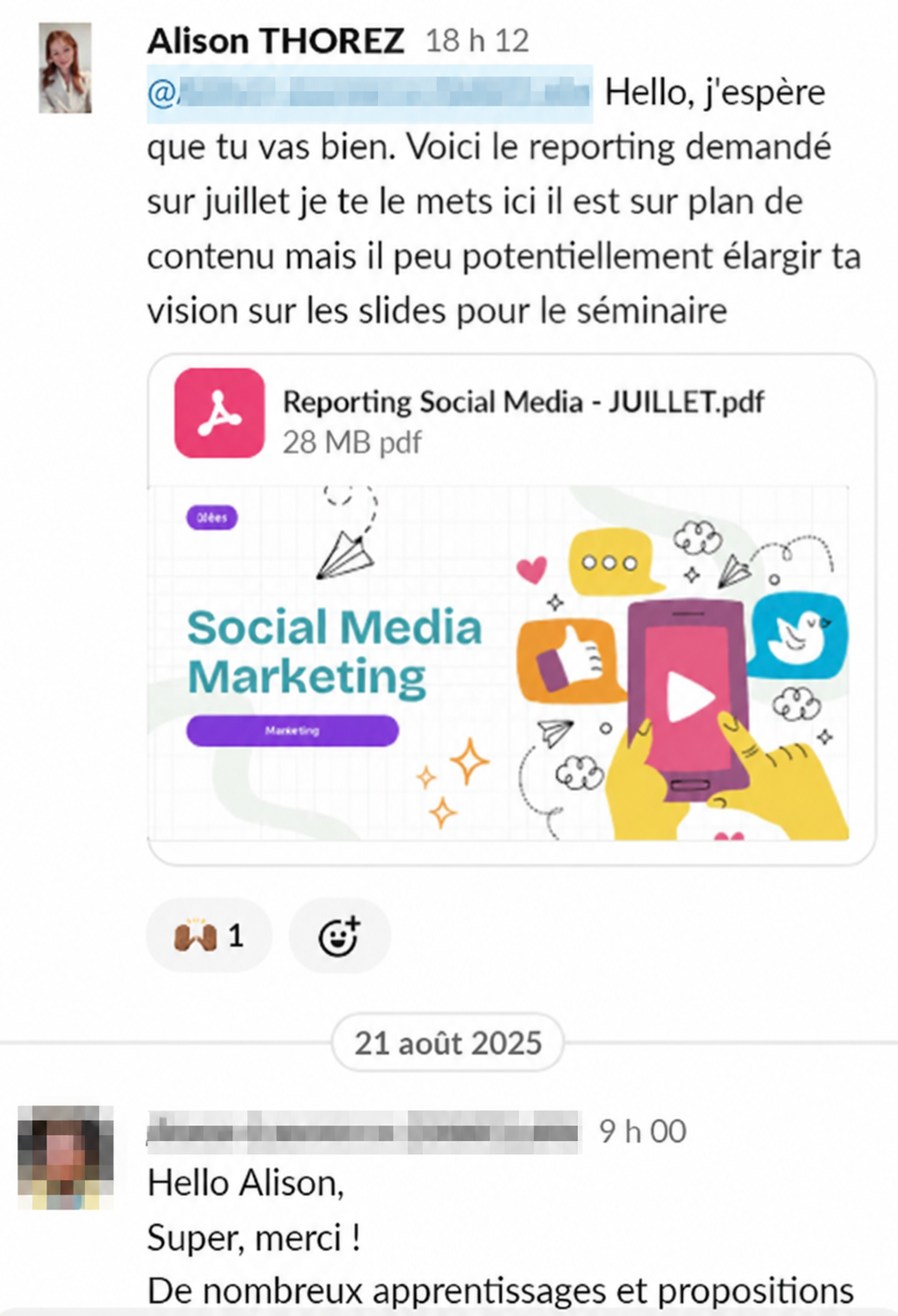 Message anonymisé transmis à la direction avec le reporting social media mensuel au format PDF